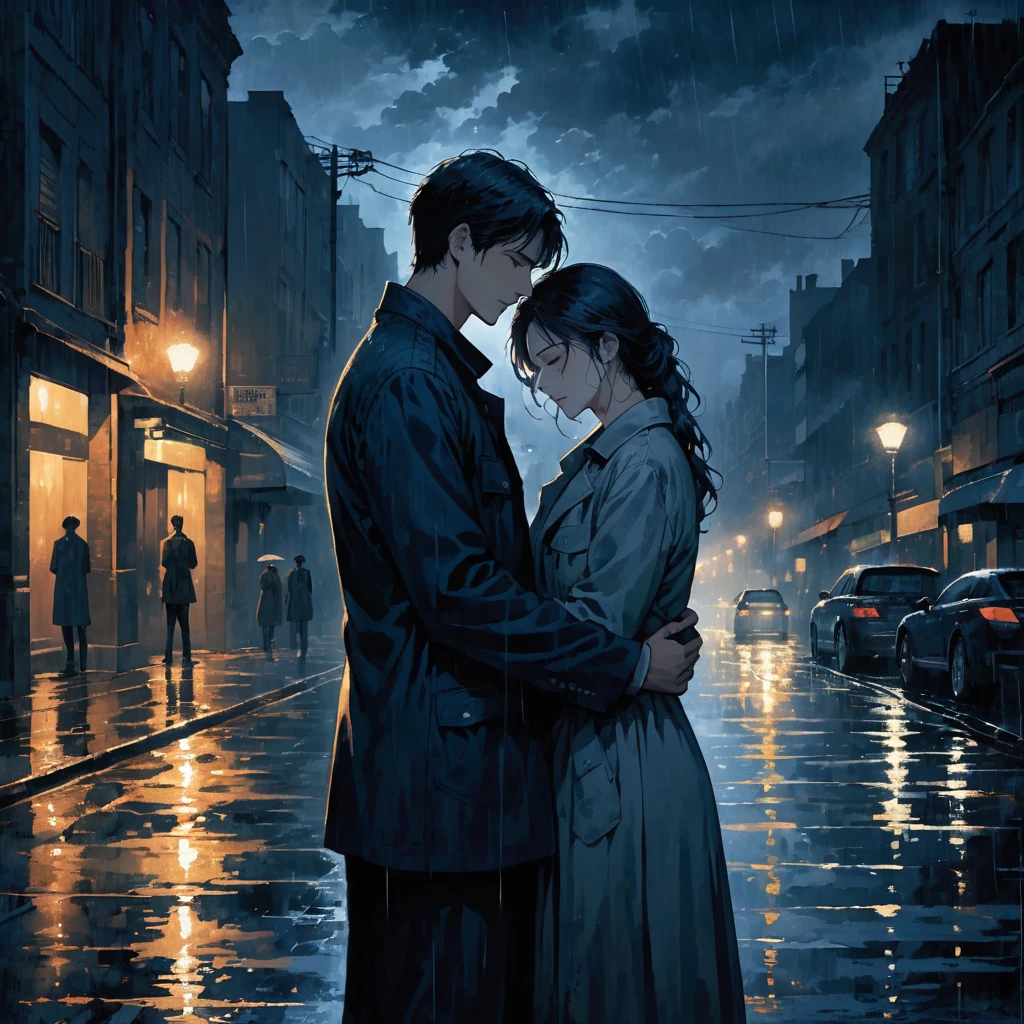 A powerful image that complements the lyrics provided, showing a scene of two people standing together in a stormy night, one comforting the other. The background is a dark, rain-soaked street with dim streetlights barely illuminating the surroundings. The comforting person stands tall and strong, while the other leans on them, conveying trust and support. The image should evoke a sense of deep friendship, unwavering support, and resilience through hardship. The color palette should be moody with dark blues and grays, contrasting with a subtle warm glow around the figures to signify hope and warmth