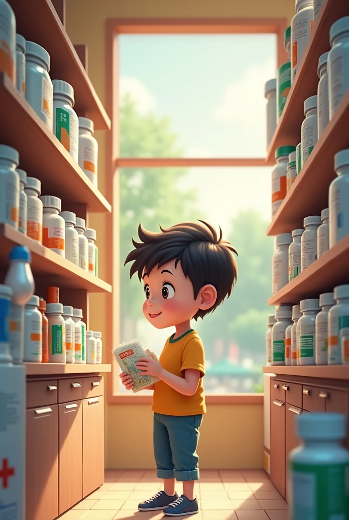 A boy purchasing medicine from a medical store