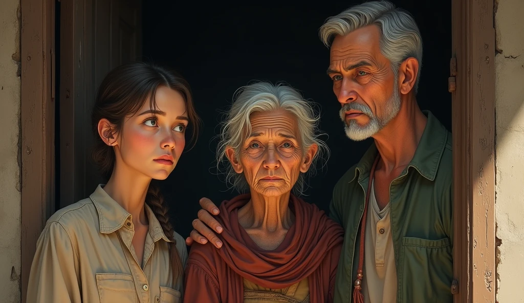 An old woman and a woman and a man standing in front of the door