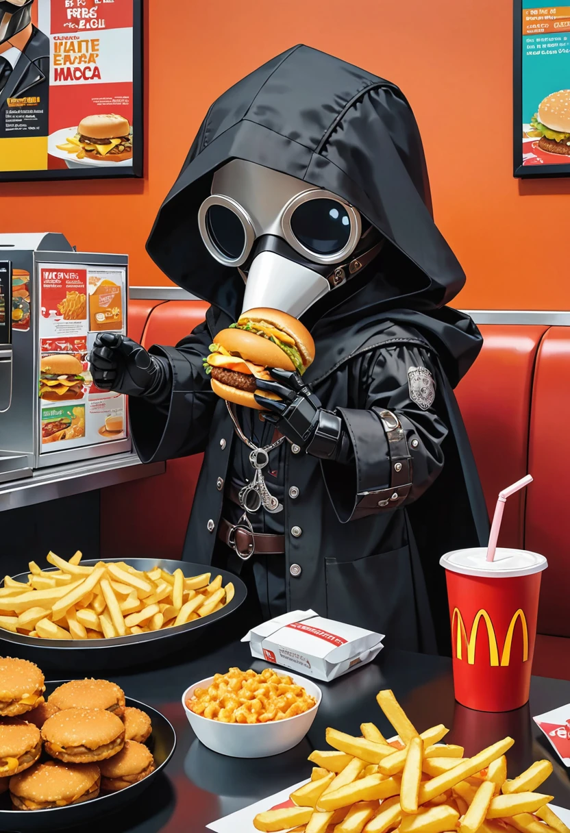 (masterpiece, best quality:1.1), (ultra highres, ultra-detailed:1.2),pop-art style,flatcolor, (he is eating a big mac),sitting,French fries, juice, and McNuggets are placed on the table,(in McDonald's shop), BREAK chibi-boy,((wearing plague-doctor costume,plague-doctor mask)),eyes glow,black hood and lab-coat, mecha arm,