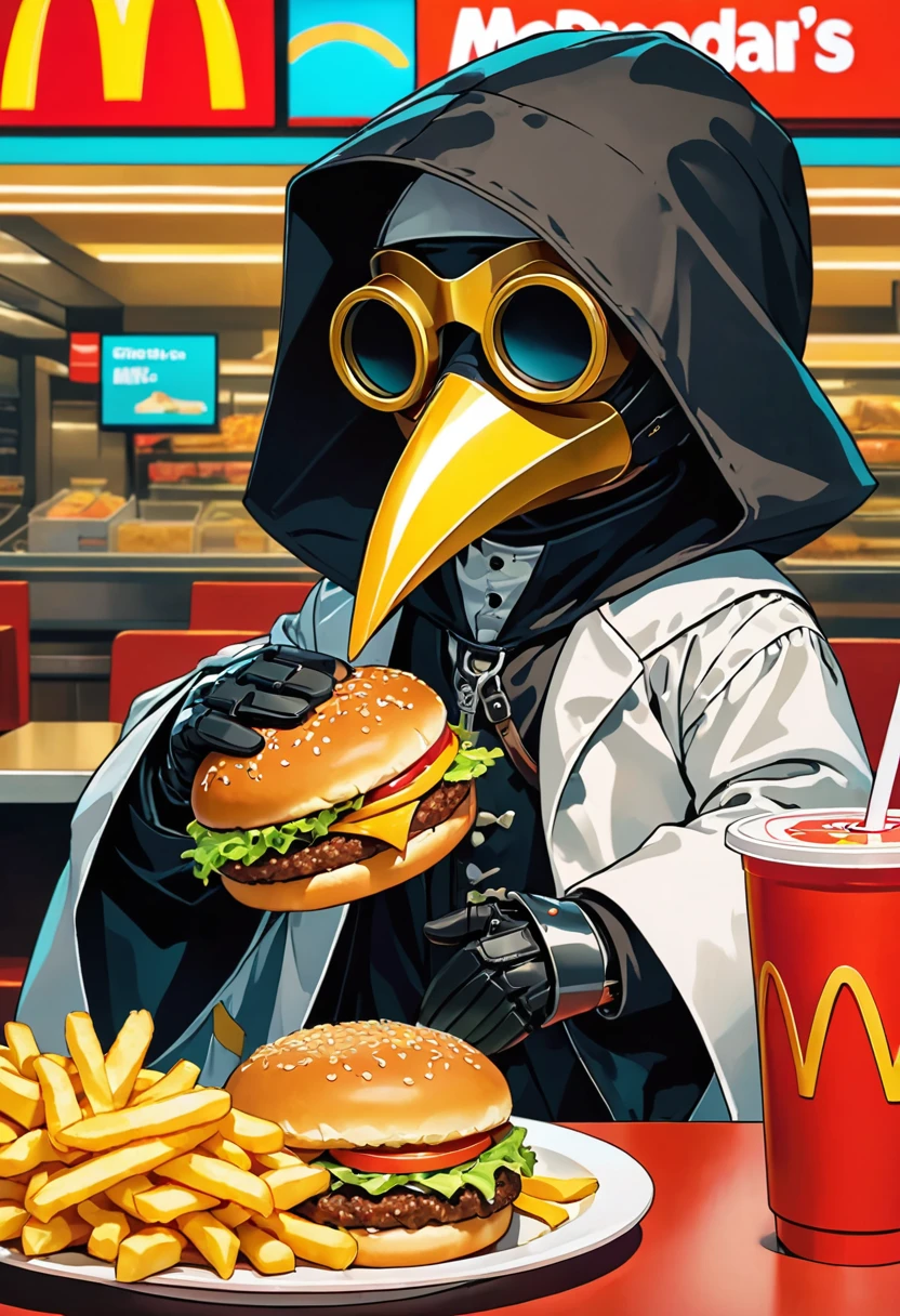 (masterpiece, best quality:1.1), (ultra highres, ultra-detailed:1.2),pop-art style,flatcolor, (he is eating a big mac),sitting,French fries, juice, and McNuggets are placed on the table,(in McDonald's shop), BREAK chibi-boy,((wearing plague-doctor costume,plague-doctor mask)),eyes glow,black hood and lab-coat, mecha arm,