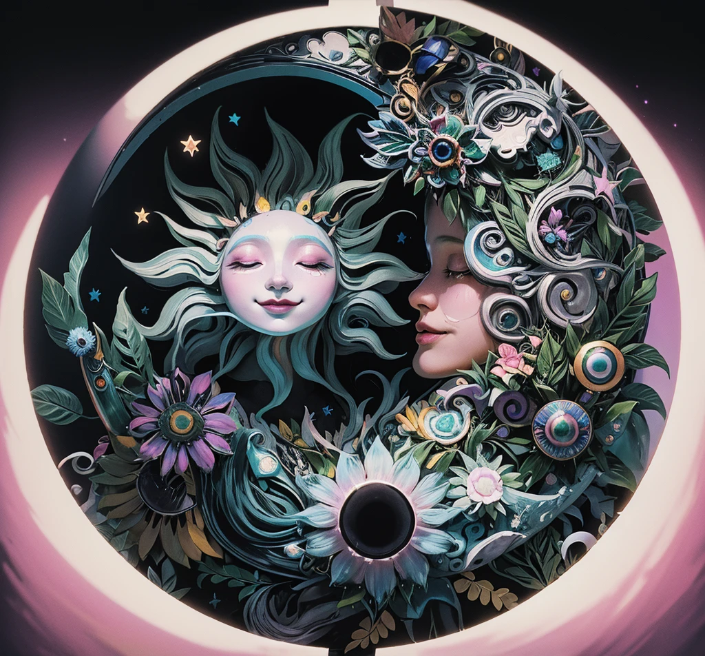 Un primer plano de un sol y una luna con flores sobre un fondo negro, Eclipse exuberante y colorido, psychedelic artwork, Psychedelic floral planets, Colorido Cosmic Last Moongate, Use psychedelic Wicca, Psychedelic goddess, psychedelic art style, psychedelic aesthetic, Diosa del Sol Azteca, whimsical and psychedelic, Psychedelic sunset, psychedelic style, Arte trippy, psychedelic artwork, art deco flower shaman