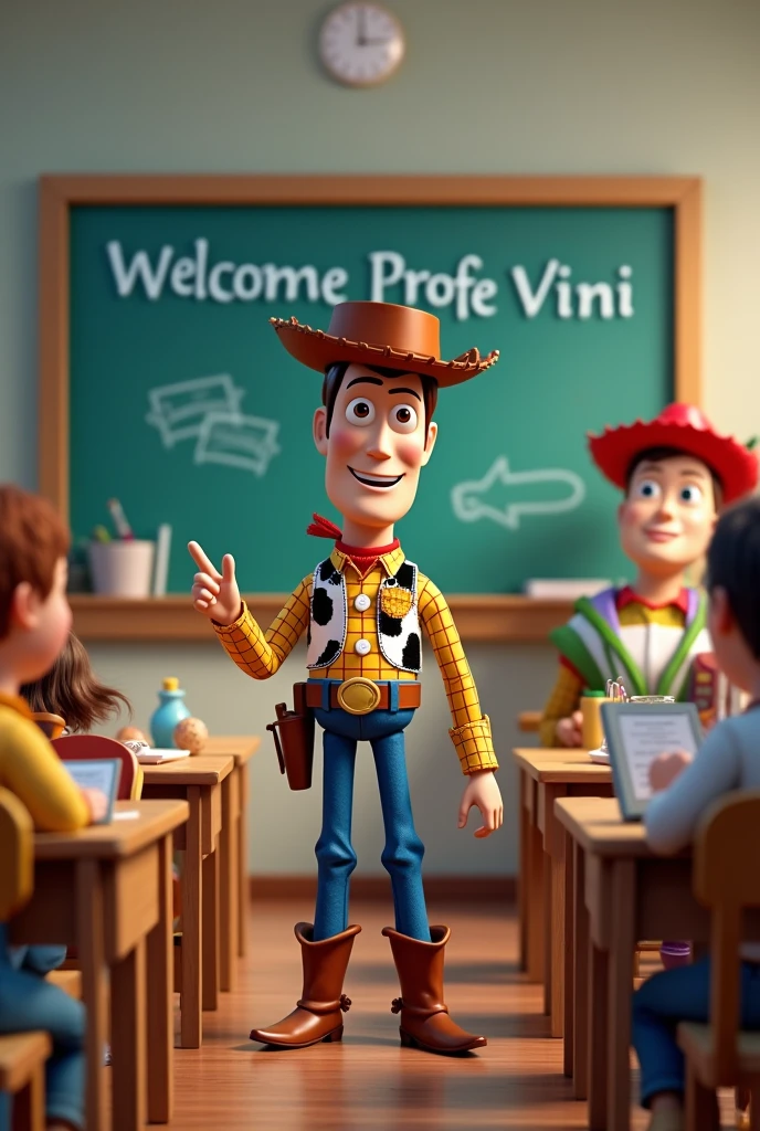 generates an image of a banner with a toy story theme, wody dressed as a teacher, the other characters in a classroom, at the top with the phrase welcome Profe Vini in Spanish.