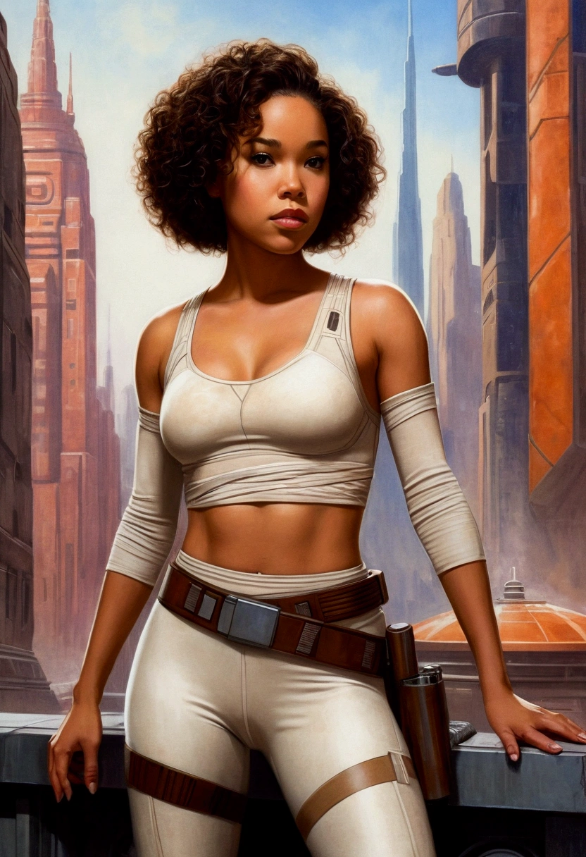 An illustrated movie poster, hand-drawn, full color, a teenage Jedi, 18-years-old, female, wearing a crop top and leggings, athletic hourglass figure, busty bosoms, full wide hips, massive round butt, long shapely legs, ridiculously thick powerful thighs, hazel eyes, dark hair, kinky curly bob cut, warm brown complexion, resembles Alexandra Shipp, standing above Coruscant, graphite shading, stencil marks, airbrushed acrylic paint, masterpiece, in the style of Drew Struzan 