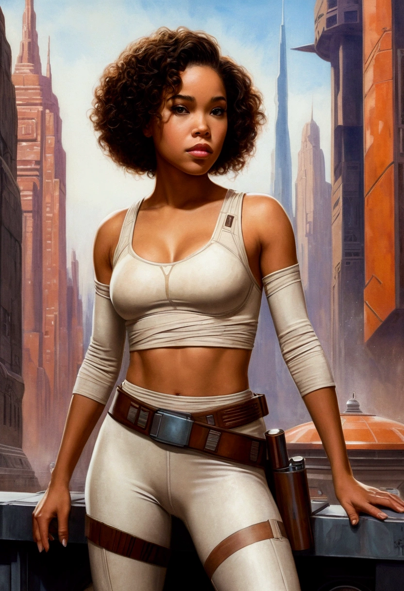 An illustrated movie poster, hand-drawn, full color, a age Jedi, 18-years-old, female, wearing a crop top and leggings, athletic hourglass figure, busty bosoms, full wide hips, massive round butt, long shapely legs, ridiculously thick powerful thighs, hazel eyes, dark hair, kinky curly bob cut, warm brown complexion, resembles Alexandra Shipp, standing above Coruscant, graphite shading, stencil marks, airbrushed acrylic paint, masterpiece, in the style of Drew Struzan