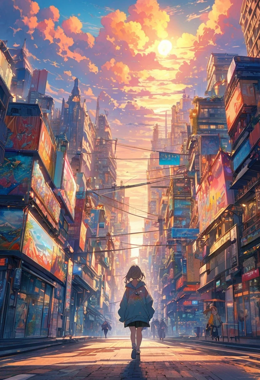 Create exquisite illustrations reminiscent of Makoto Shinkai's style, It has ultra-fine details and top-notch quality. angelic, detailed woman who is walking, woman wearing hoodie, highest billding in city, road, sunrise, horizon, skyline, in the sky, city of clouds, colorful, high-res, 8K