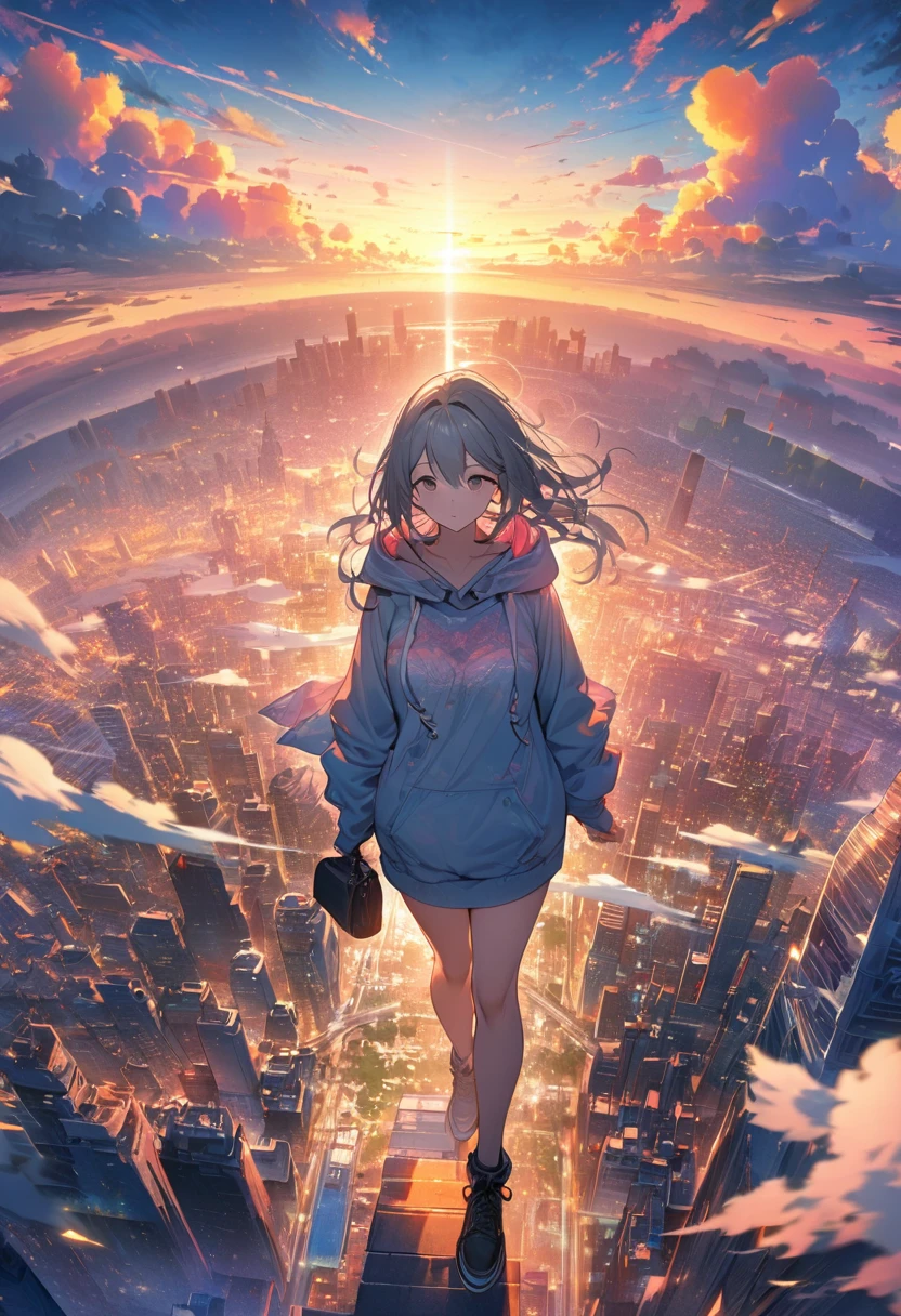 Create exquisite illustrations reminiscent of Makoto Shinkai's style, It has ultra-fine details and top-notch quality. angelic, detailed woman who is walking, woman wearing hoodie,  highest billding in city, road, sunrise, horizon, skyline, in the sky, city of clouds, colorful, high-res, 8K
