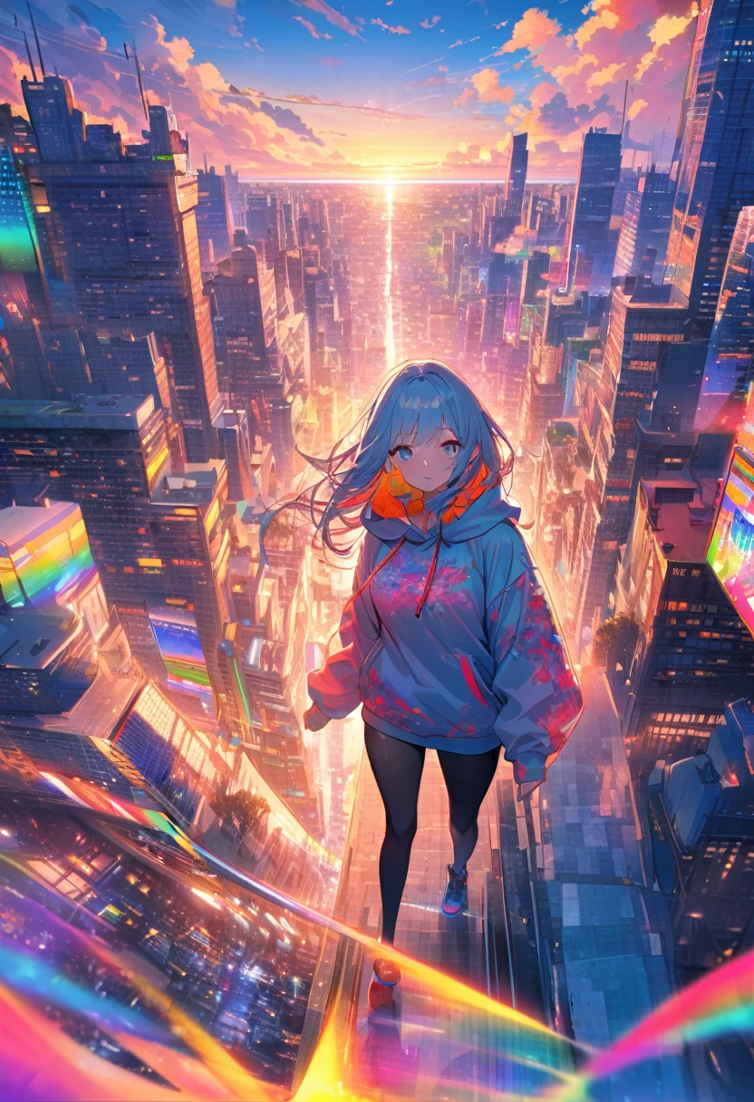 angelic, detailed woman who is walking, woman wearing hoodie, highest billding in city, road, sunrise, horizon, skyline, in the sky, city of clouds, colorful, high-res, 8K
