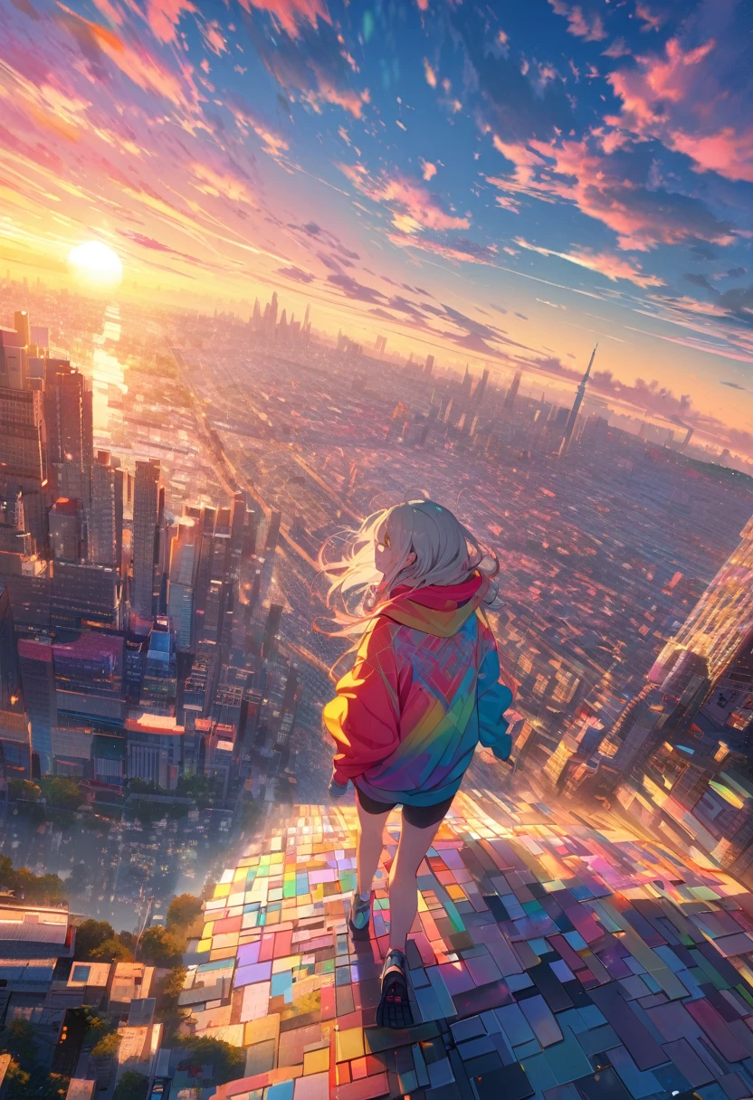 angelic, detailed woman who is walking, woman wearing hoodie, highest billding in city, road, sunrise, horizon, skyline, in the sky, city of clouds, colorful, high-res, 8K