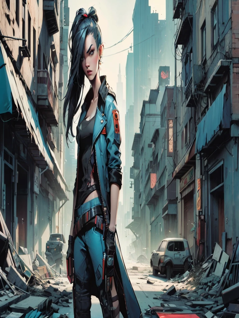 woman in blue jacket stands in city with gun, cyberpunk art by jason benjamin, trends in the CG community, self-destructive art, cyberpunk comic cover art, Lois van Barle and Rossdraus, Cyberpunk Judy Alvarez, Cyberpunk by Jackie Wells, jet black haired Cyberpunk Girl, Cyberpunk Girl, Modern cyberpunk, Arthur and Lois Van Baarl