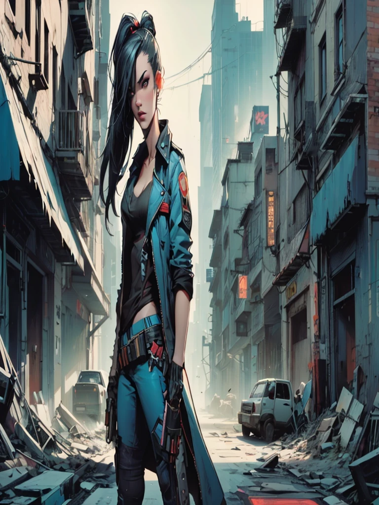 woman in blue jacket stands in city with gun, cyberpunk art by jason benjamin, trends in the CG community, self-destructive art, cyberpunk comic cover art, Lois van Barle and Rossdraus, Cyberpunk Judy Alvarez, Cyberpunk by Jackie Wells, jet black haired Cyberpunk Girl, Cyberpunk Girl, Modern cyberpunk, Arthur and Lois Van Baarl