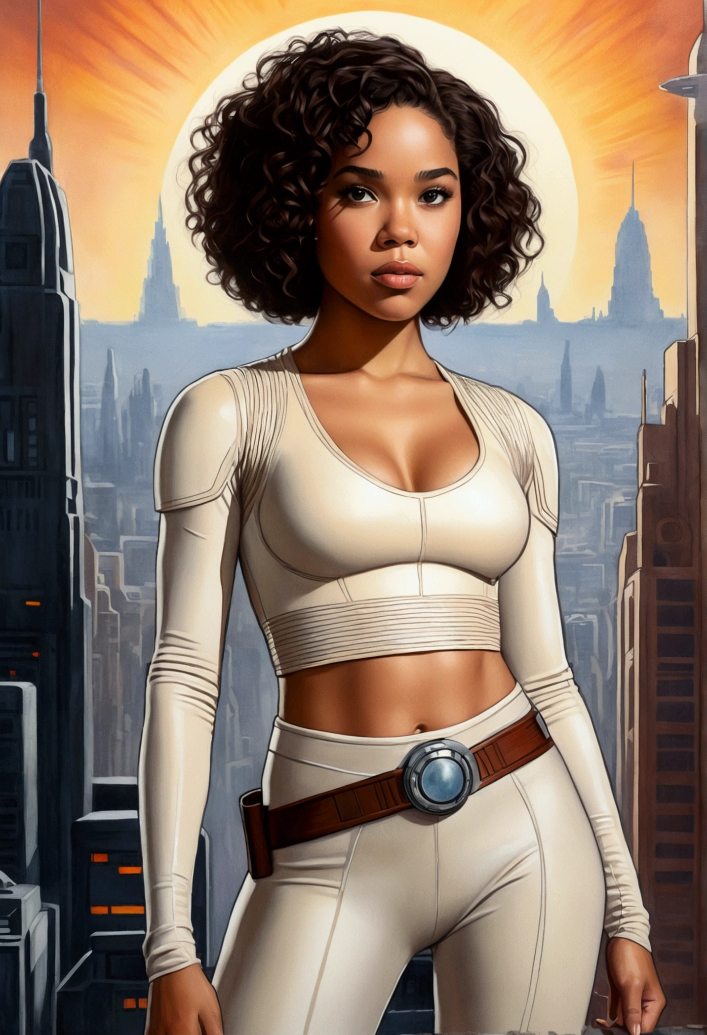 An illustrated movie poster, hand-drawn, full color, a age Jedi, 18-years-old, female, wearing a crop top and leggings, athletic hourglass figure, bustoms, fide hips, massive round butt, long sha legs, ridiculously thick powerful thighs, hazel eyes, dark hair, kinky curly bob curm brown complexion, resembles Alexandra Shipp, standing above Coruscant, graphite shading, stencil marks, airbrushed acrylic paint, masterpiece, in the style of Drew Struzan