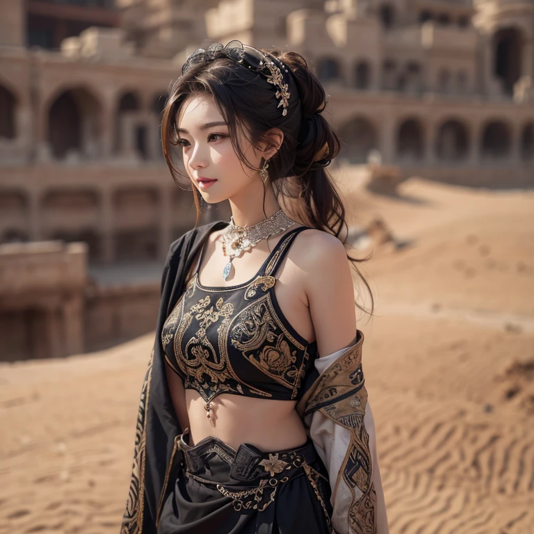 Hiding in the desert、Hair Flow、 ((Highest quality、masterpiece、8k、Best image quality、Ultra-high resolution、Award-winning works)、(Accurate anatomy:1.1)、(Look at me and smile:1.1)、Shining fair skin with Ultra-high resolution、The most detailed face、Ultra-high resolution detailed face、Ultra-high resolutionの髪の毛、(Ultra-high resolutionの煌めく瞳:1.1)、Beautiful face drawn in every detail、(Blurred Background:1.1)、Ancient Islamic clothing, Chest to chest, tattoo, Old ruins in the background、Black Authentic Dress Up Elegant Underarm