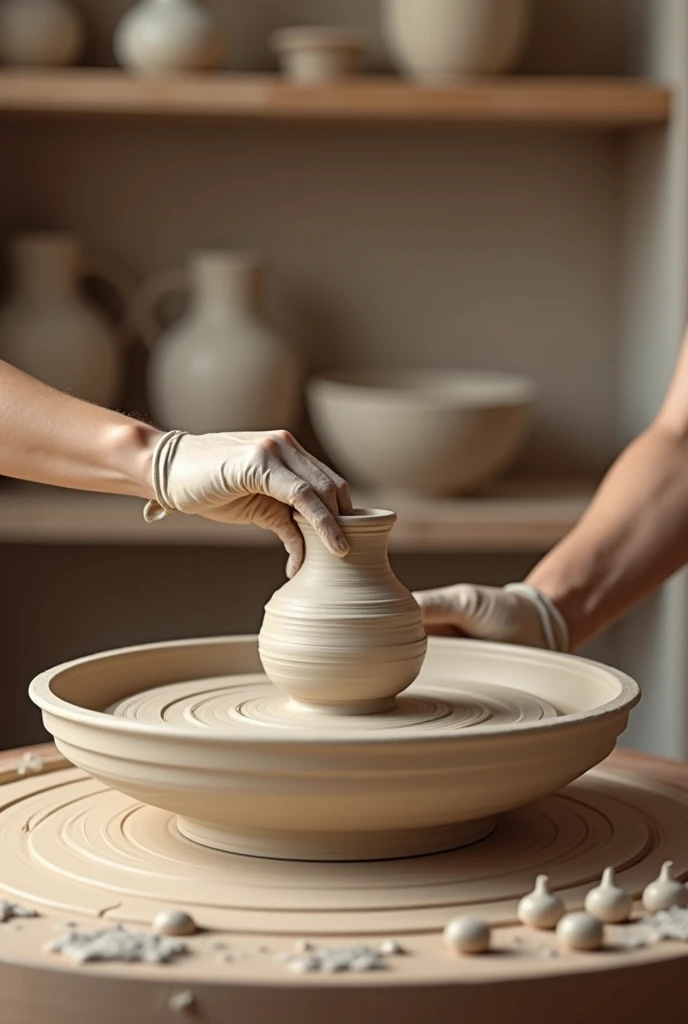 pottery wheel with simple background of pot shelf