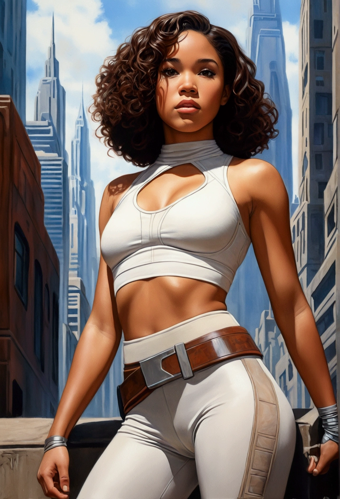 An illustrated movie poster, hand-drawn, full color, a teenage Jedi, 18-years-old, female, wearing a bralette and leggings, athletic hourglass figure, busty bosoms, full wide hips, massive round butt, long shapely legs, ridiculously thick powerful thighs, hazel eyes, dark hair, kinky curly bob cut, warm brown complexion, resembles Alexandra Shipp, standing above Coruscant, graphite shading, stencil marks, airbrushed acrylic paint, masterpiece, in the style of Drew Struzan