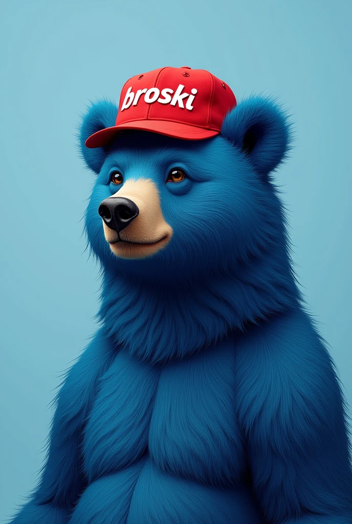 blue bear , light blue background , edgy , portrait , noble , red hat broski summer , Write broski on your hat