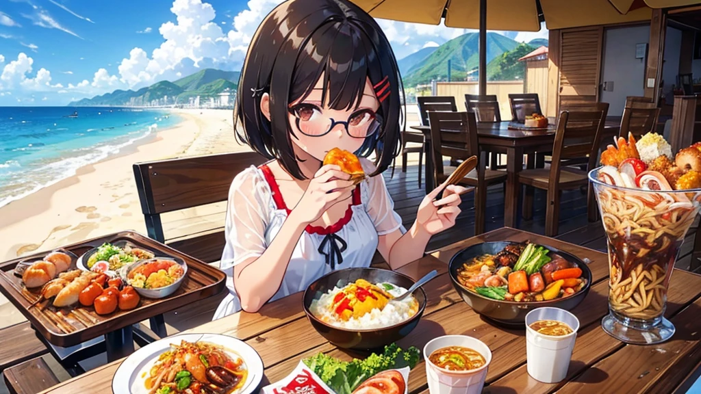 1girl,brown eyes,brownish black hair,medium bob,black under-rim glasses,hairpin,amazing quality,looking at viewer,Swimsuit,beach house,eating,yakisoba,curry,shaved ice,frankfurter sausage,ramen,grilled squid,grilled shellfish