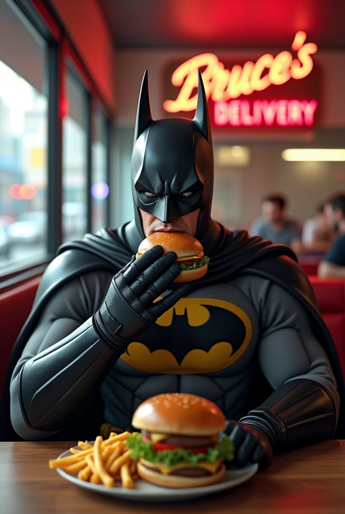 Create an image of Batman eating a delicious hamburger sitting at a table in front of a diner called Bruce&#39;s Delivery 