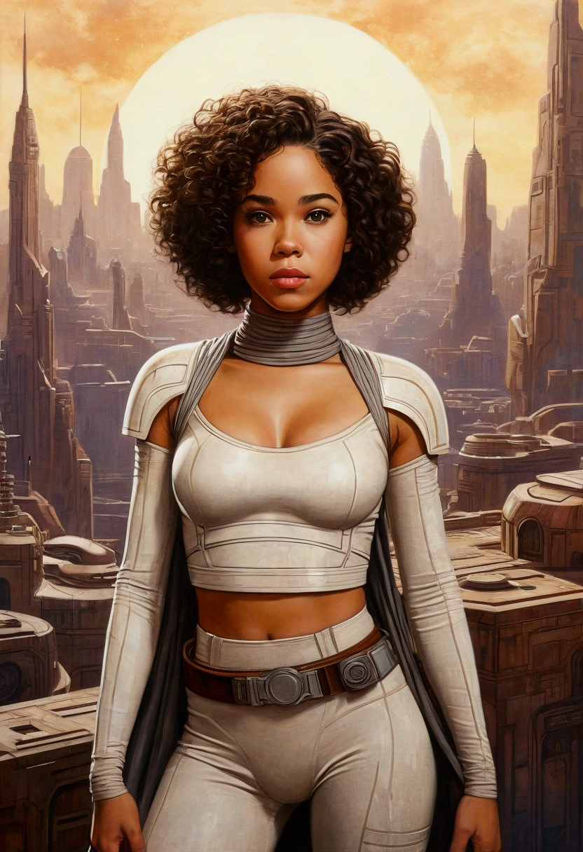 An illustrated movie poster, hand-drawn, full color, a teenage Jedi, 18-years-old, female, wearing a crop top and leggings, athletic hourglass figure, busty bosoms, full wide hips, massive round butt, long shapely legs, ridiculously thick powerful thighs, hazel eyes, dark hair, kinky curly bob cut, warm brown complexion, resembles Alexandra Shipp, standing above Coruscant, graphite shading, stencil marks, airbrushed acrylic paint, masterpiece, in the style of Drew Struzan