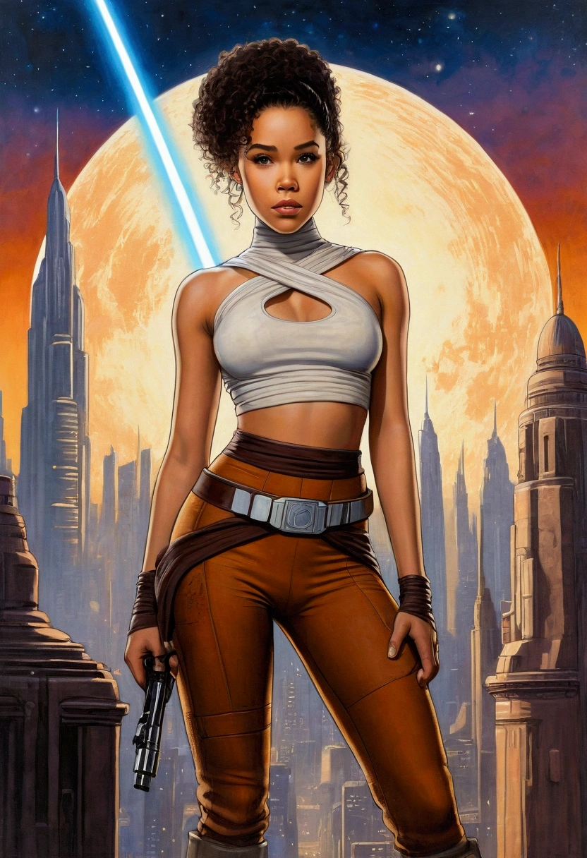 An illustrated movie poster, hand-drawn, full color, a age Jedi, 18-years-old, female, wearing a crop top and leggings, athletic hourglass figure, busty bosoms, full wide hips, massive round butt, long shapely legs, ridiculously thick powerful thighs, hazel eyes, dark hair, kinky curly bob cut, warm brown complexion, resembles Alexandra Shipp, standing above Coruscant, graphite shading, stencil marks, airbrushed acrylic paint, masterpiece, in the style of Drew Struzan 