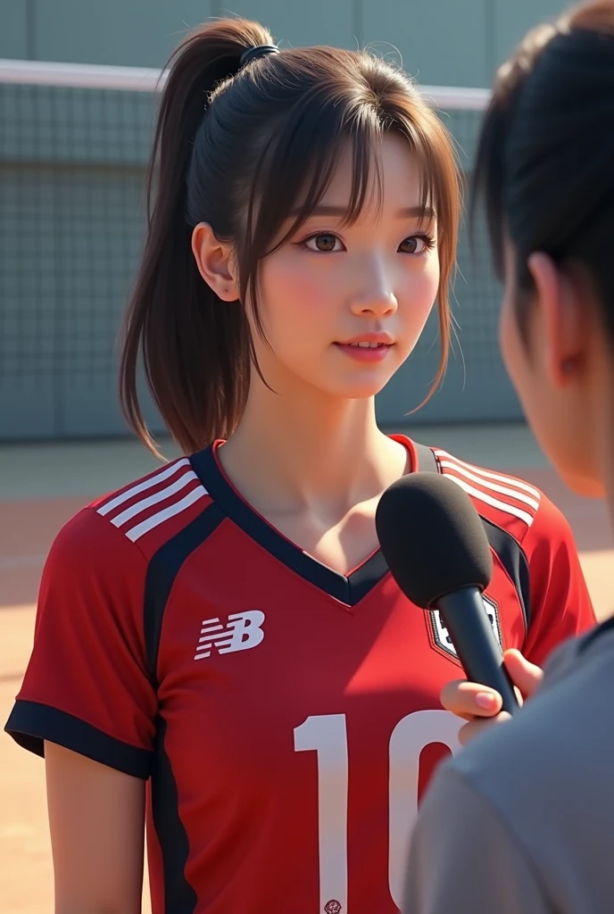 Korean women's volleyball player. fair skin. ponytail hair, wearing red and black jersey no. 10. holding a mic being interviewed facing the camera in the volleyball practice room