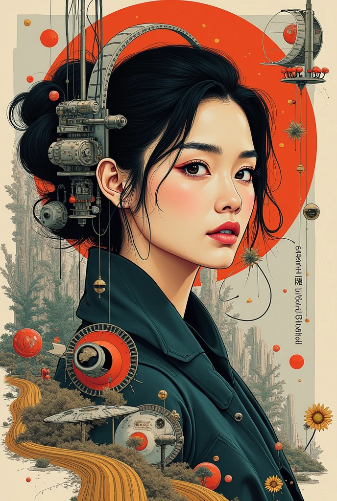 Create a creative arts collage, inspired by the art of Moebius using a collage technique with the words "Gucci or The Girl" written within it, korean woman,