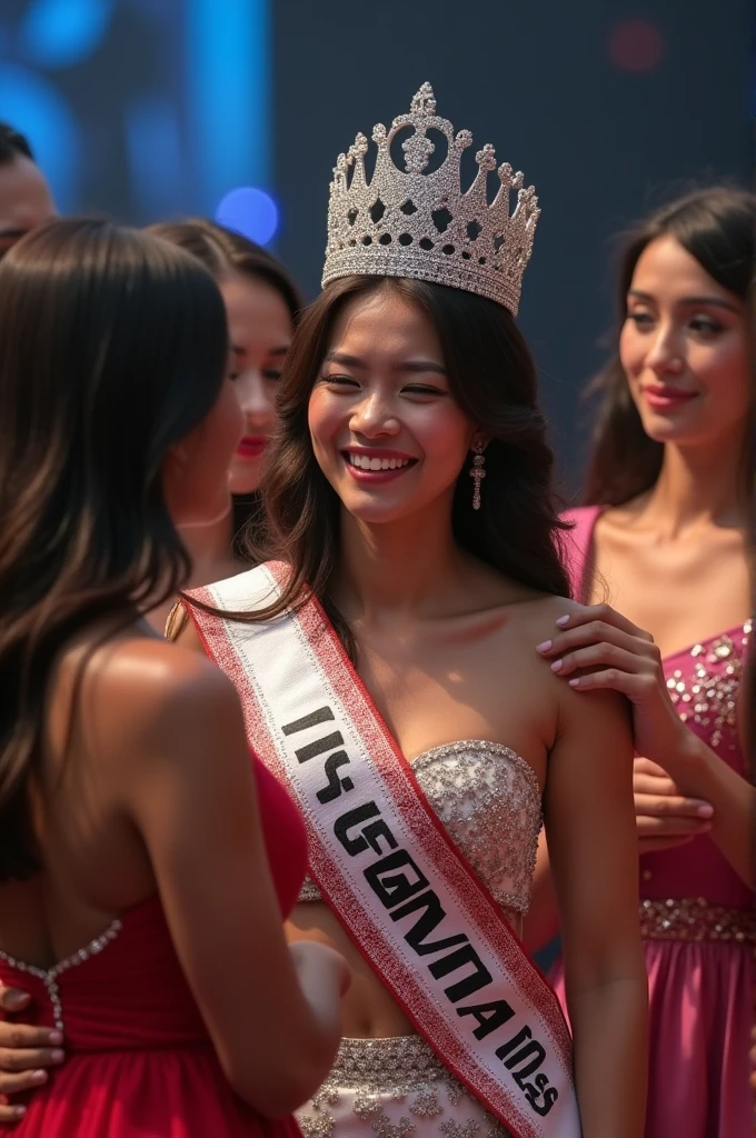Miss Indonesia cry over win Miss universe while wearing crown and sash Miss universe, around the other participant
