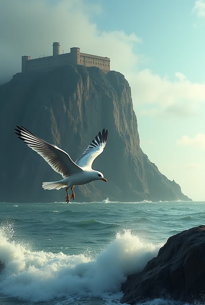 Alacatraz bird flying towards a cliff