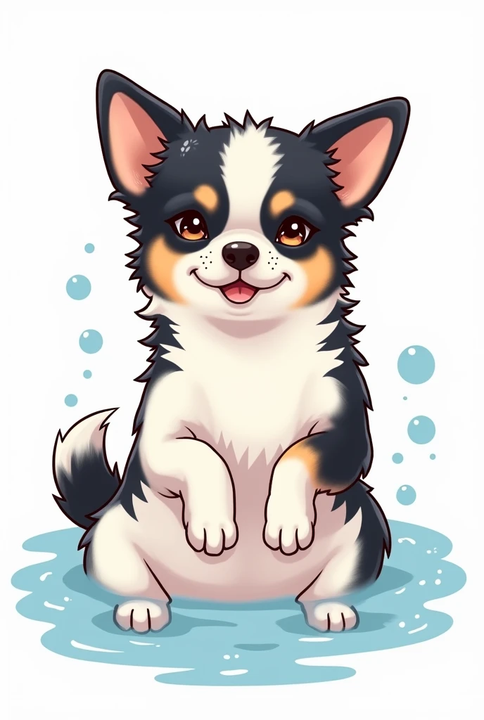 Chihuahua, black and white face, white body, black sides of belly, black butt, fluffy ears, brown eyebrows, sparkling eyes, manga style, whole body relaxing in the bath, LINE stamp style, two short legs, transparent background