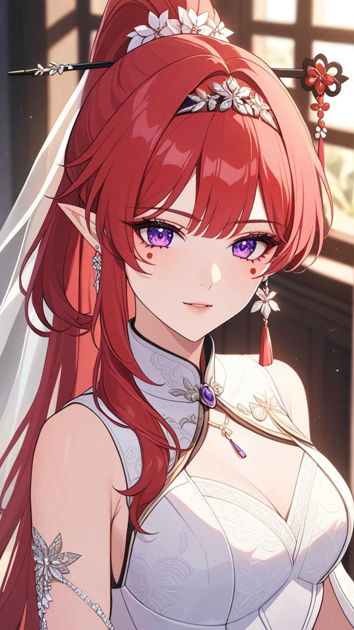 1girl,bangs,jewelry,ponytail,hairband,earrings,red hair,purple eyes,hair ornament,pointy ears,long hair,hair stick,facial mark,solo,mole, wedding dress 