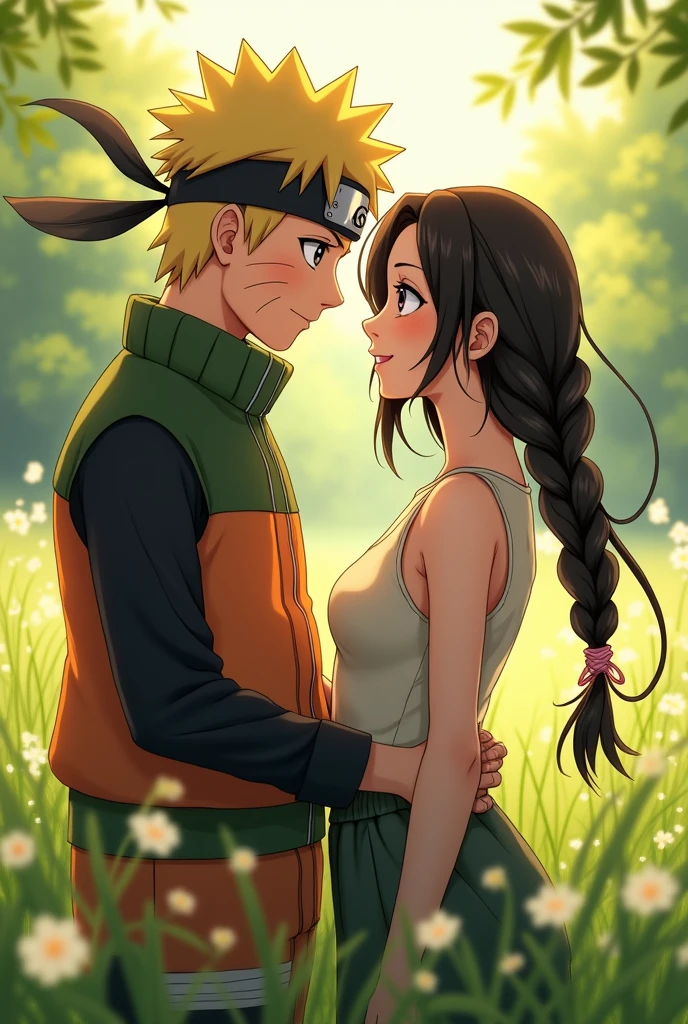 Naruto and his beautiful japanese girl friend sleeveless with braided hair, meadow, she's blushed, anime