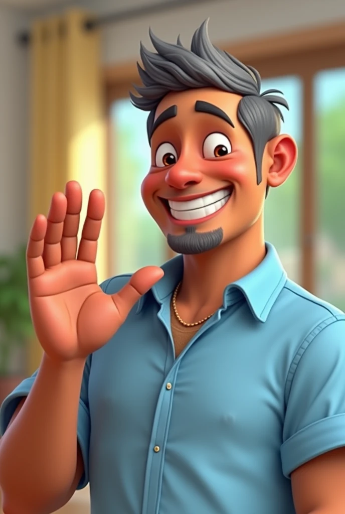 Brazilian man, aged about 32 years, hair grey, He doesn't have a beard, more youthful appearance, slightly chubby face, ssmile, happy, wearing a light blue dress shirt, making a positive sign with your hand "like", cartoon pixar style