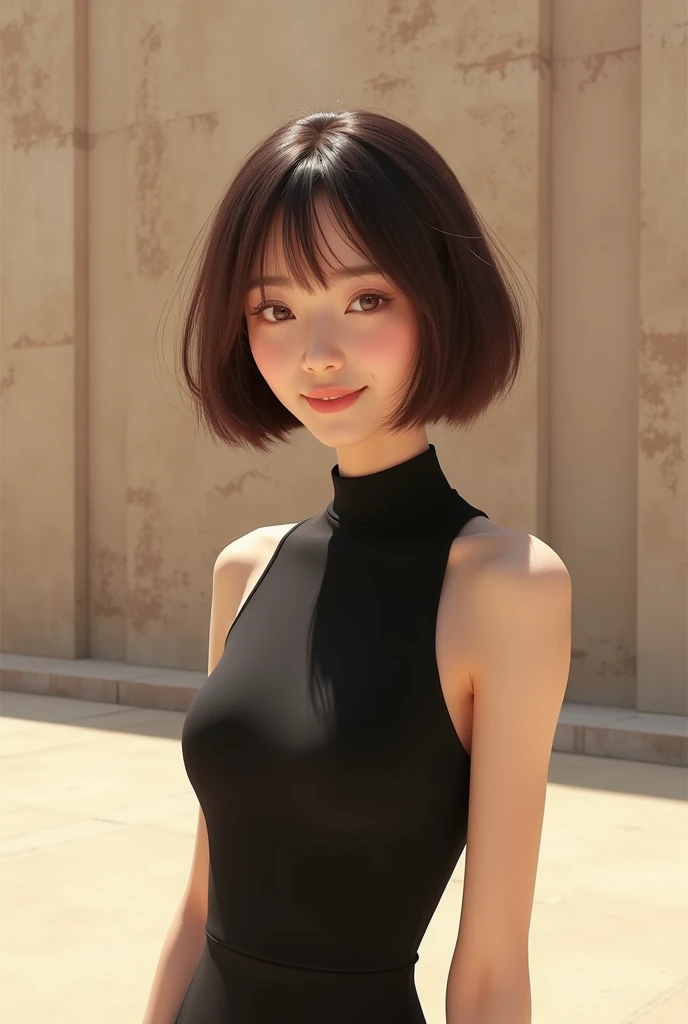 Classy woman、Pretty Japanese woman、Soft hair、Berry Short Cut、Black Sleeveless、Landscape、I can see your forehead、Background is simple concrete、Beige brown、smile、looking at the camera