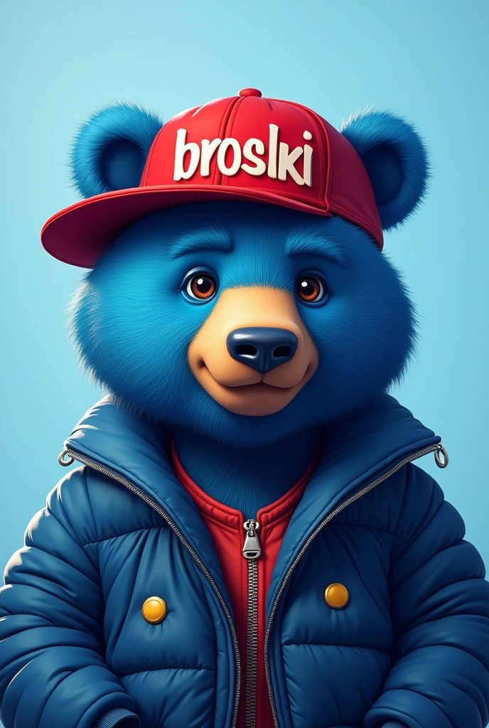 blue bear , light blue background , edgy , portrait , noble , red hat broski summer , Write broski on your hat
