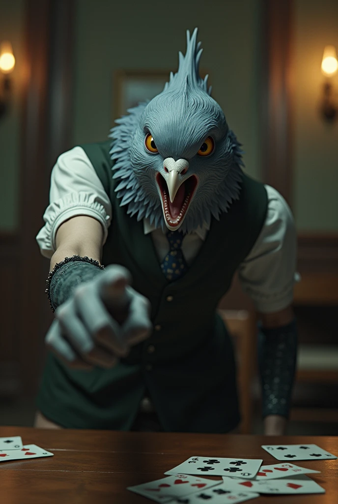 ((Highest quality)), ((masterpiece)), (detailed), 怖い表情で口を開けたGray female pigeonがオフホワイトで襟付きのshort-sleeved shirtに薄茶色のベストを着てひざ丈の黒いスカートに濃い緑の靴下と黒の靴を履いて、He is playing cards at the table and pointing at me、(Gray female pigeon)、(short-sleeved shirt)、Photorealistic images。