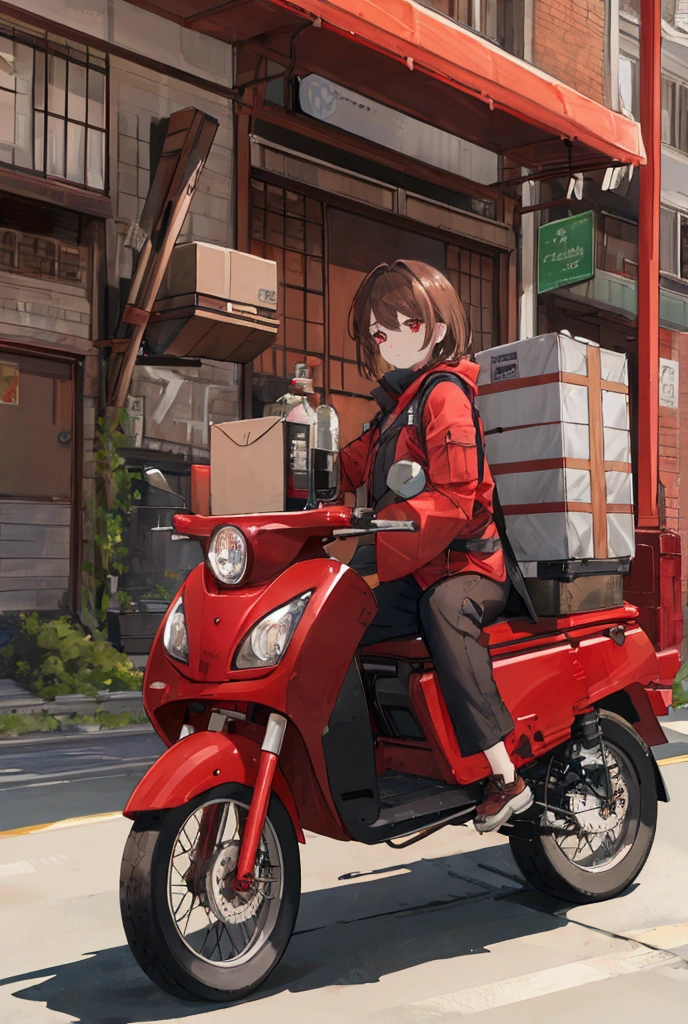 Light cargo,One person, masterpiece, Shortcuts, Brown Hair, Red eyes, Wide-angle shot, Delivery Person,Baggage