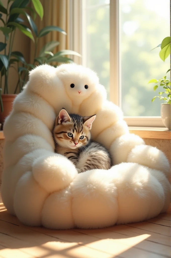 Comfortable chair in the shape of a cloud and a kitten