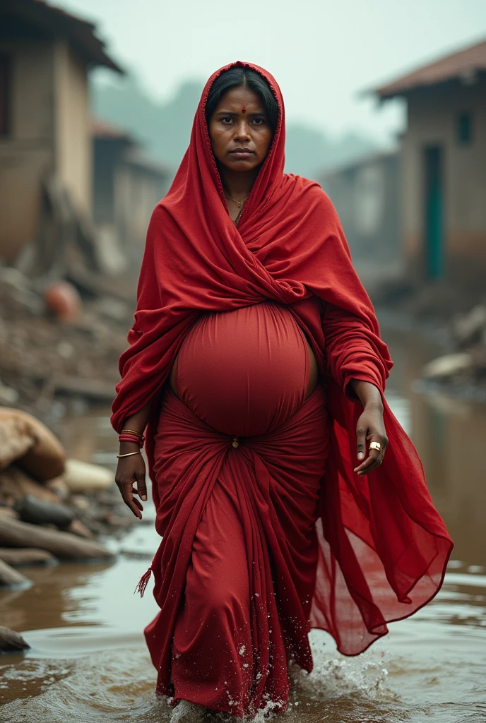 A pregnant bangladeshi woman wearing red sharee is stuck in flood affected area