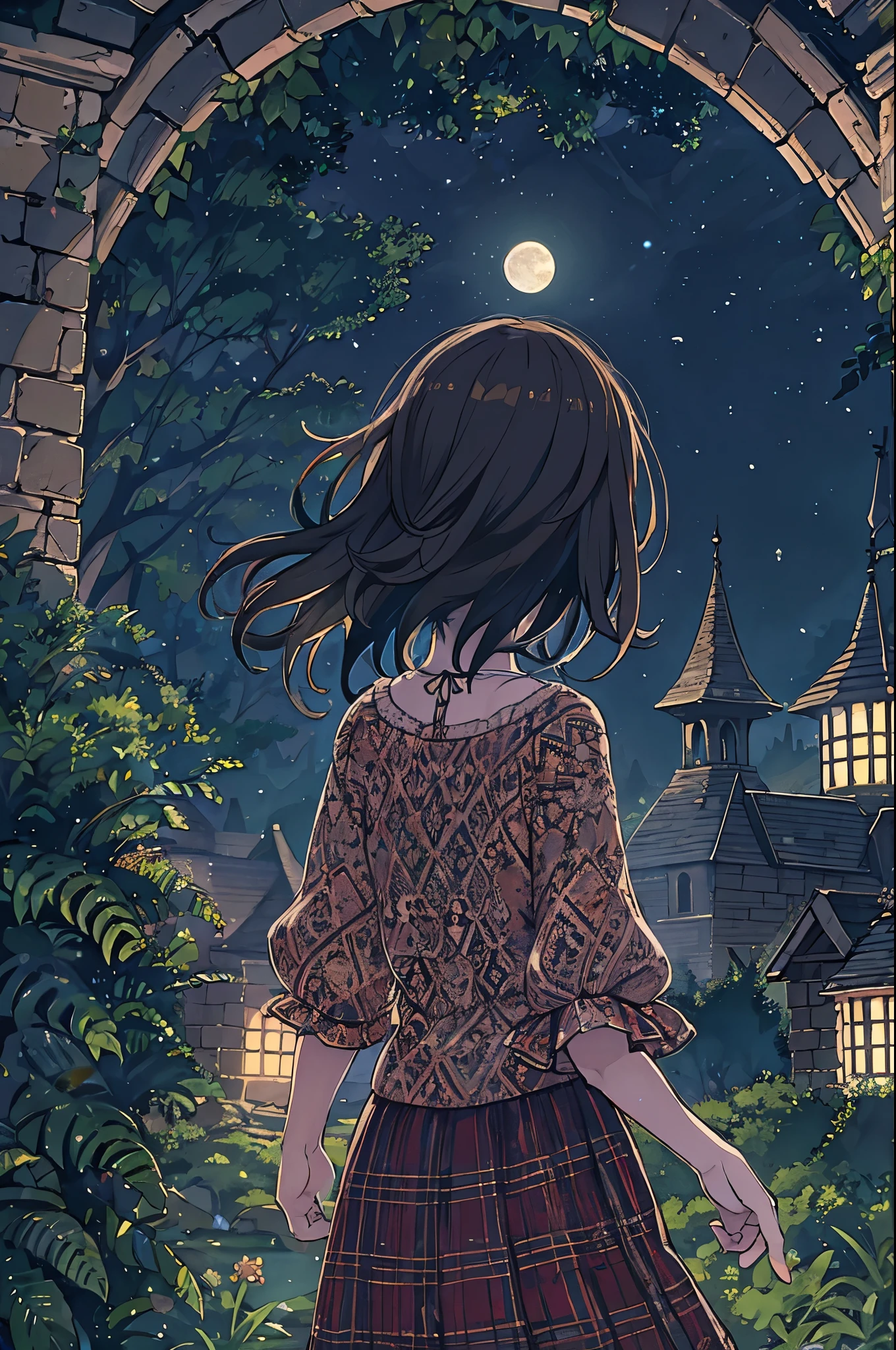 A dark-haired girl walking through a castle garden on a full moon night