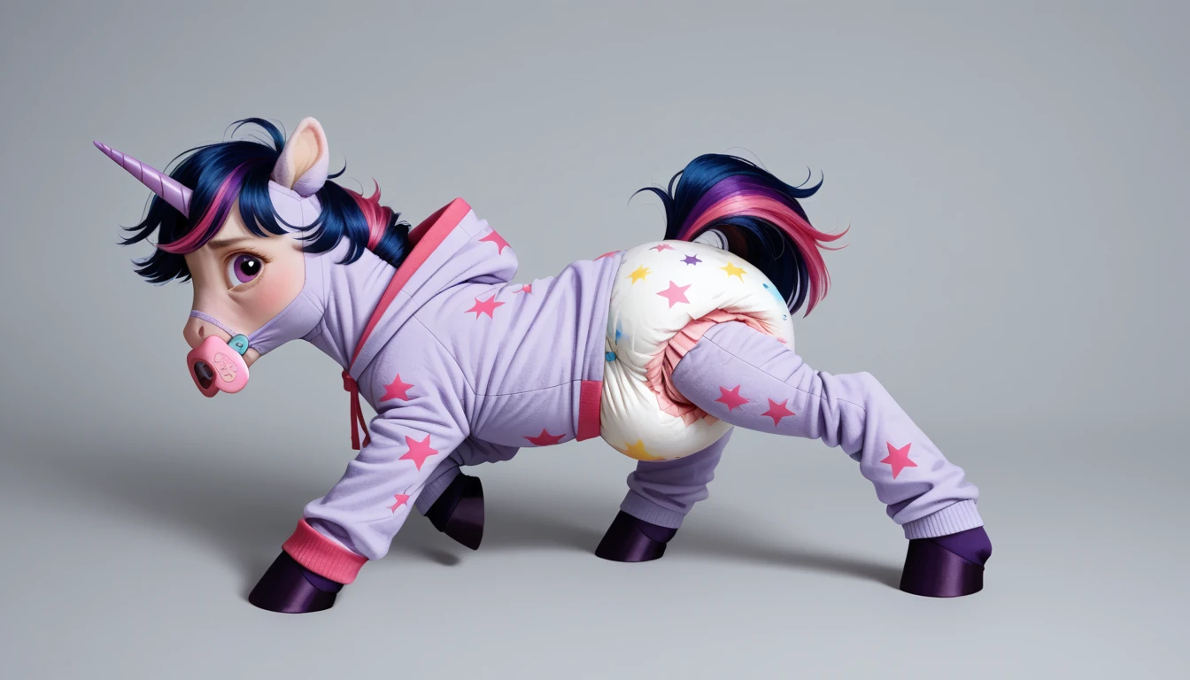 pony, purple unicorn, dark blue mane with purple streak and pink streak, the tail is dark blue with a purple strand and a pink strand, purple eyes, on the side close to the back hoof is a drawing of a pink star with six small stars around a central star, adult mare, stands on four hooves, rear hooves spread wide apart, wearing an adult-sized onesie and booties, baby adult size pacifier in mouth, solo, thick diaper under clothes, pink blush on cheeks, Embarrassment, Awkwardness.