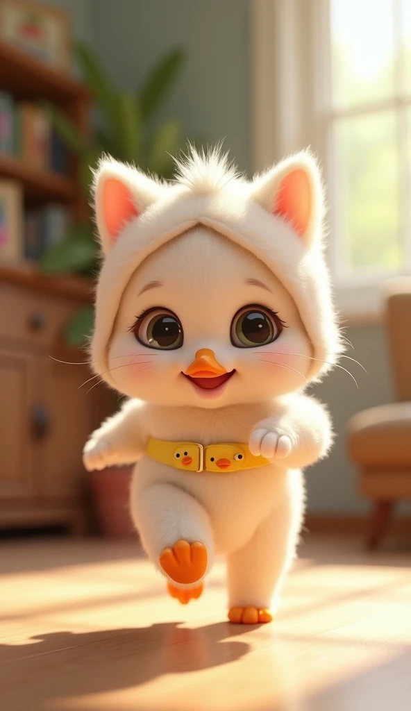3D cute kitten character、Wearing a happy white duck costume、running、Inside the house、masterpiece, Background Blur, Close your mouth, Belt decorated with ducks、