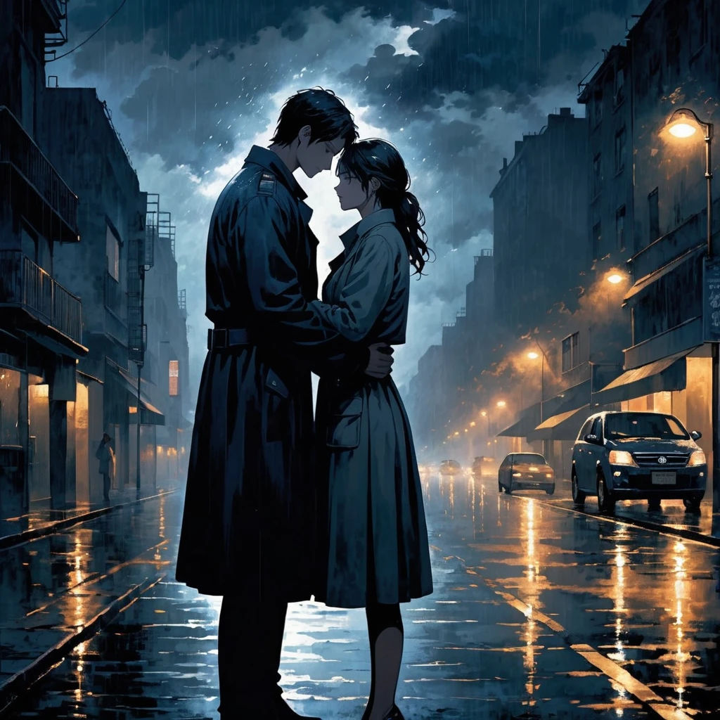 A powerful image that complements the lyrics provided, showing a scene of two people standing together in a stormy night, one comforting the other. The background is a dark, rain-soaked street with dim streetlights barely illuminating the surroundings. The comforting person stands tall and strong, while the other leans on them, conveying trust and support. The image should evoke a sense of deep friendship, unwavering support, and resilience through hardship. The color palette should be moody with dark blues and grays, contrasting with a subtle warm glow around the figures to signify hope and warmth