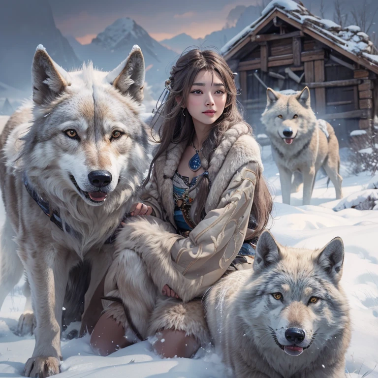 Hiding in the snowy mountains、Hair Flow、 ((Highest quality、masterpiece、8k、Best image quality、Ultra-high resolution、Award-winning works)、(Accurate anatomy:1.1)、(Look at me and smile:1.1)、Shining fair skin with Ultra-high resolution、The most detailed face、Ultra-high resolution detailed face、Ultra-high resolutionの髪の毛、(Ultra-high resolutionの煌めく瞳:1.1)、Beautiful face drawn in every detail、(Blurred Background:1.1)、Ancient Inuit clothing, Chest to chest, tattoo, Old ruins in the background、Aside from real wolves