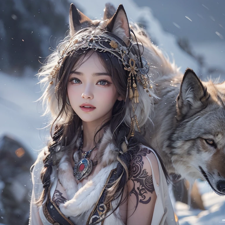 Hiding in the snowy mountains、Hair Flow、 ((Highest quality、masterpiece、8k、Best image quality、Ultra-high resolution、Award-winning works)、(Accurate anatomy:1.1)、(Look at me and smile:1.1)、Shining fair skin with Ultra-high resolution、The most detailed face、Ultra-high resolution detailed face、Ultra-high resolutionの髪の毛、(Ultra-high resolutionの煌めく瞳:1.1)、Beautiful face drawn in every detail、(Blurred Background:1.1)、Ancient Inuit clothing, Chest to chest, tattoo, Old ruins in the background、Aside from real wolves