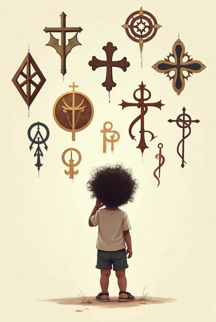 A child considering which religion he is going to choose, that the logos of the separate religions are