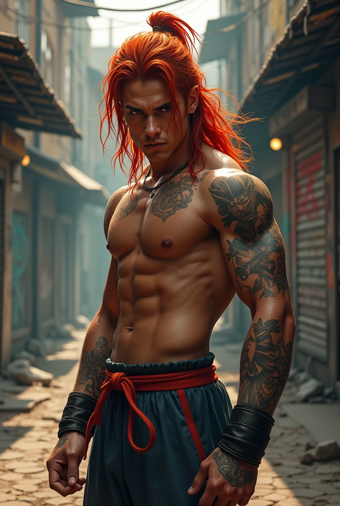 A young man street fighter, with long red hair, dark skin and brown eyes.