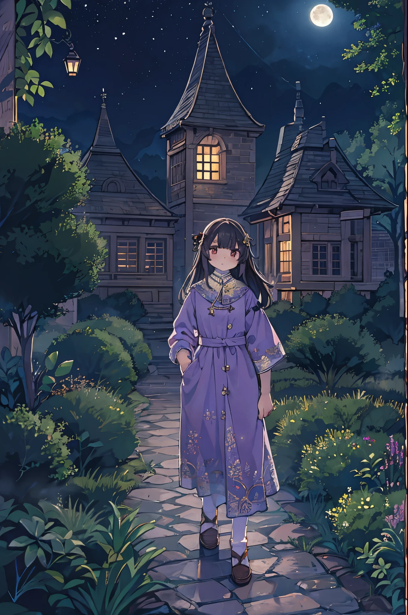 A dark-haired girl walking through a castle garden on a full moon night