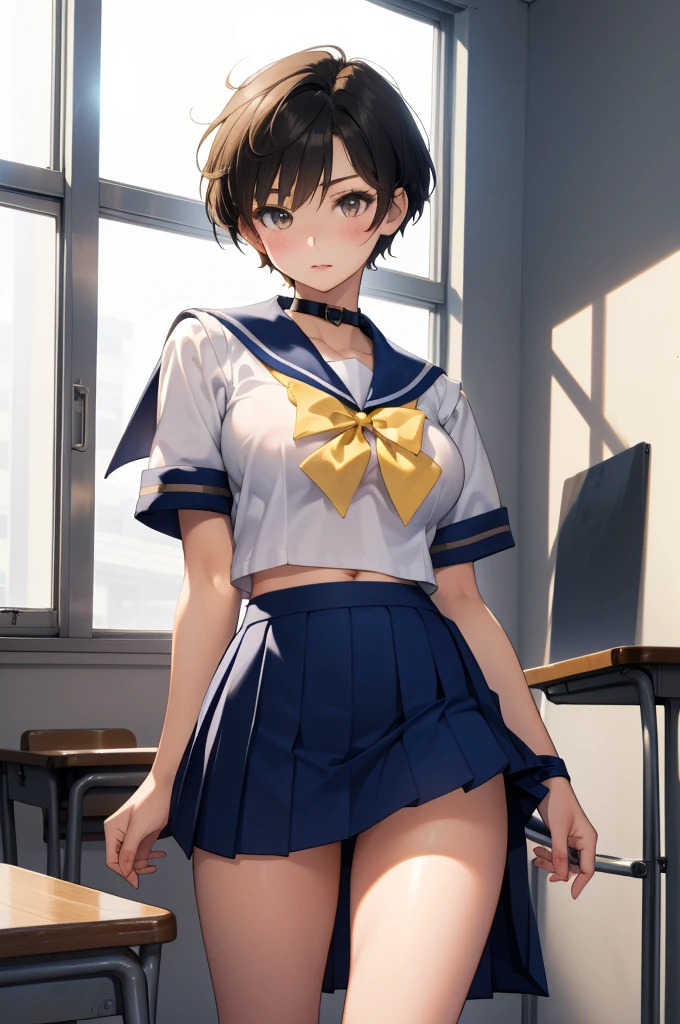 独奏、high school girl、Beautiful breasts、(high school girl、A sailor uniform with a short length、Short summer clothes、Yellow ribbon on chest)、(Navy blue micro mini skirt、Low-rise micro mini skirt)、(Black Hair、Short Hair)、Dark Eyes、Beautiful thighs、classroom