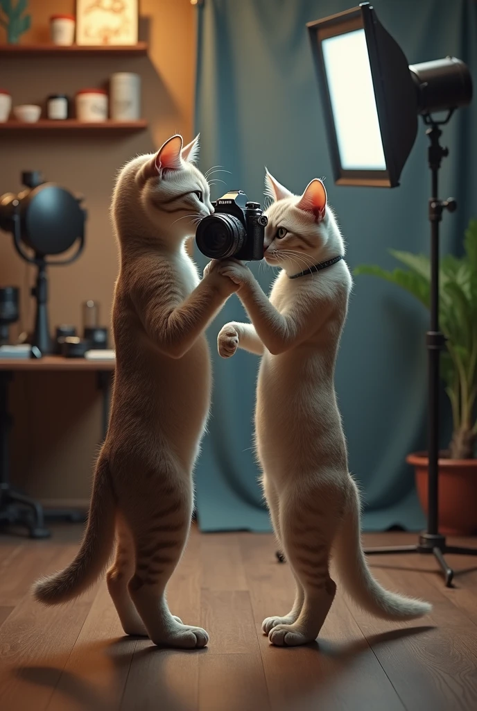 A cat is taking a photo for a customer.,Realistic
