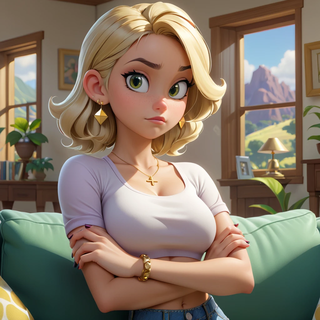 Disney-Mod, Blonde girl, crossed arms, Viewers look at, (Smug:1.15), (annoyed:1.15), (Eyes half closed:1.2), crop top, breasts, ear rings, Nail polish, perfect hands. living room landscape, muito detalhado, very complicated, High resolution, very high quality, detailed and intricate, Ray Tracing Reflections, goldene Stunde